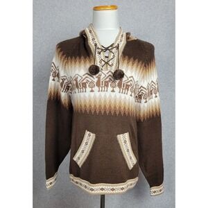 Alpaca Warehouse Brown Llama Intarsia Lace Up Hooded Sweater Medium NEW
